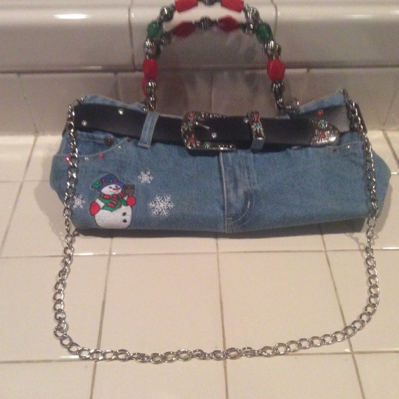 SOLD-ABJ Snowman Denim BLING Crossbody Purse Bag - Picture 2 of 8